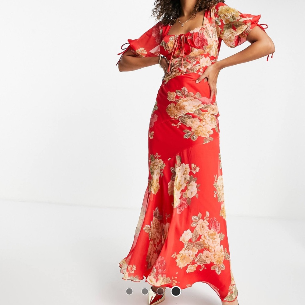 Hot Coral Gown with Puff Sleeves for Wedding Guest